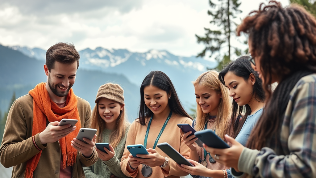 Diverse group of people using health technology devices in Pacific Northwest setting with mountains and trees, wellness concept, no text no words no letters