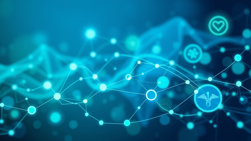 Abstract representation of digital health connections with flowing data streams and medical symbols in blue and green tones, no text no words no letters