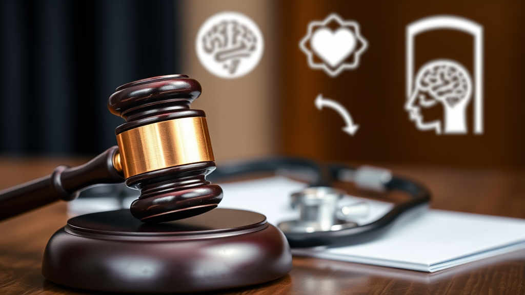 Courtroom gavel next to medical stethoscope and mental health symbols, no text no words no letters