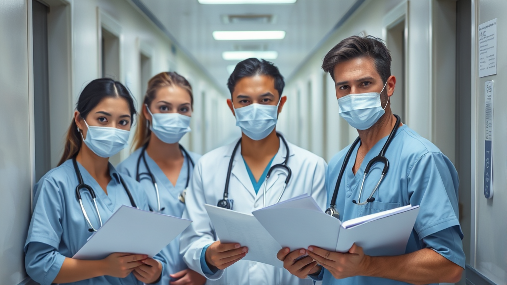 Healthcare workers looking stressed in hospital corridor with legal documents, no text no words no letters