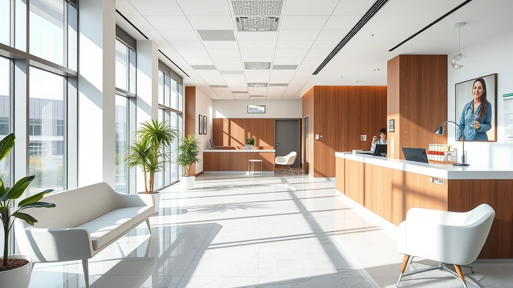 Modern medical clinic reception area with comfortable seating, natural lighting, and contemporary healthcare facility design showing welcoming environment