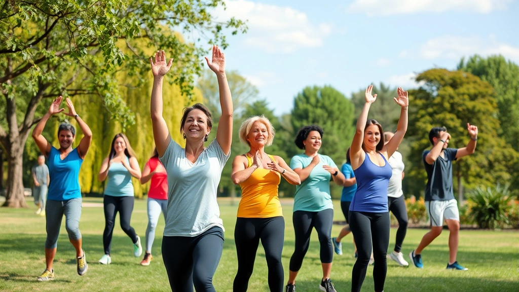 Diverse group of people exercising outdoors in park setting, showing wellness activities, fitness, and preventive health practices in natural environment