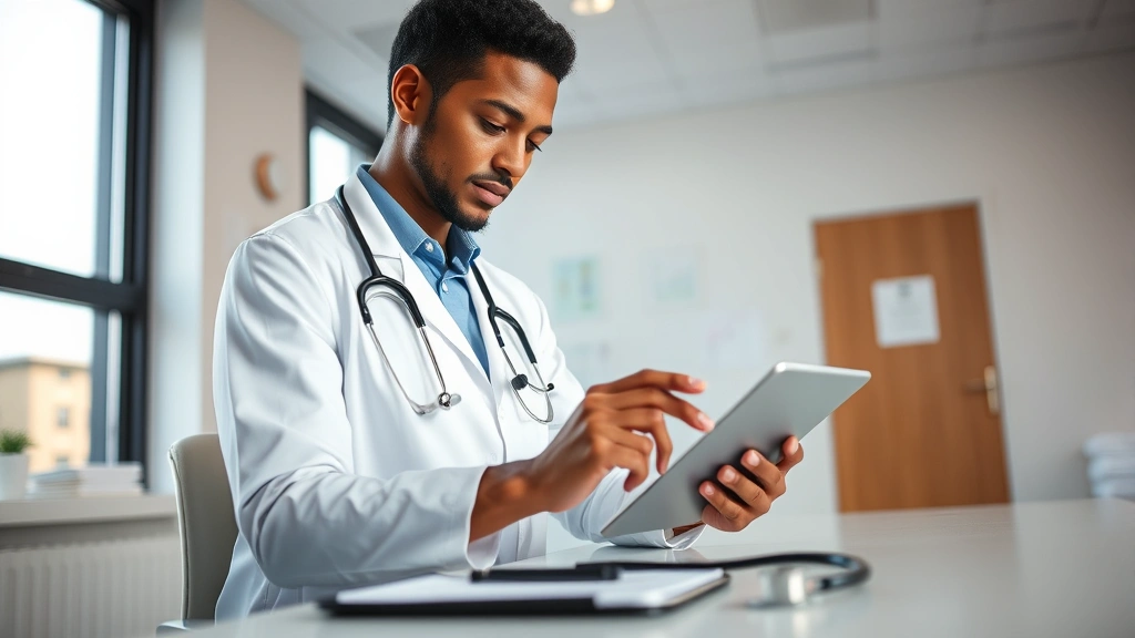 Modern healthcare professional reviewing patient data on tablet in bright clinical office with natural light, stethoscope visible on desk, calm professional atmosphere