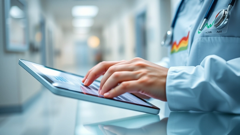 Close-up of a healthcare professional's hands typing on a tablet displaying colorful health charts and graphs, soft hospital lighting in background