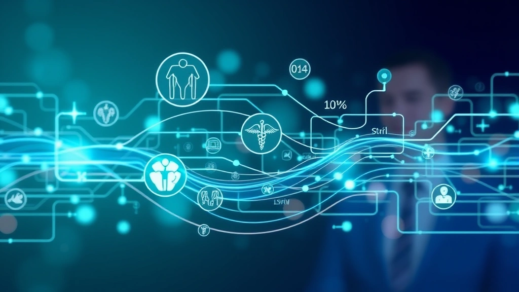 Digital interface showing interconnected healthcare systems with flowing data streams, abstract medical symbols, clean minimalist design with blue and green tones