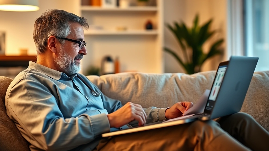 Patient reviewing medical records on laptop at home, comfortable setting, focused expression, healthcare technology visible, warm lighting emphasizing accessibility