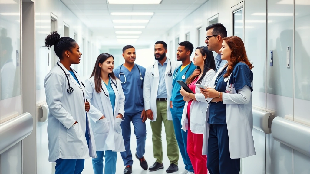 Professional healthcare team in modern hospital corridor collaborating during rounds, diverse medical professionals in scrubs and white coats, bright clinical environment, natural lighting