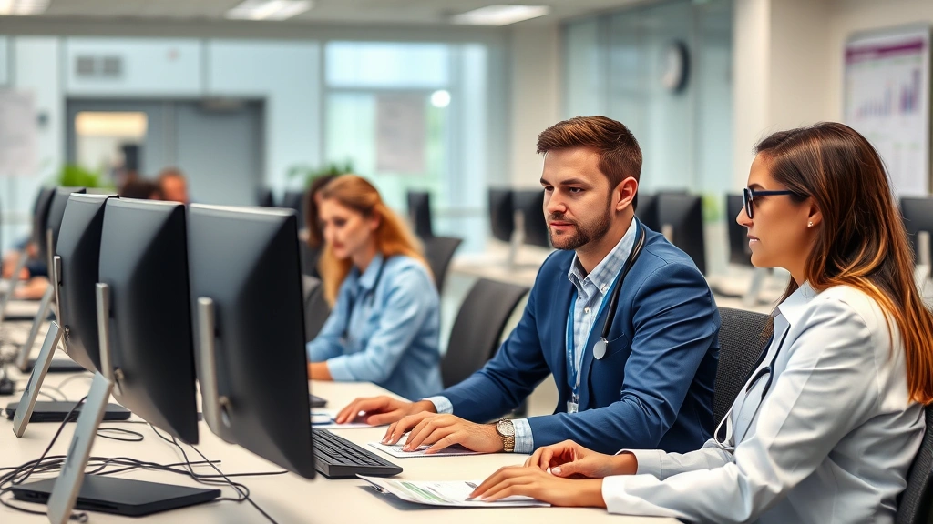 Administrative healthcare professionals working at desks with computers in modern office setting, reviewing charts and data, professional business casual attire, organized workspace