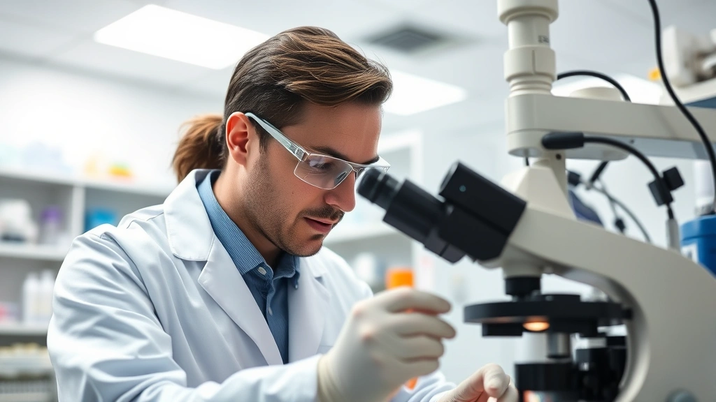 Medical technologist analyzing samples in laboratory with sophisticated equipment, focused concentration, clean laboratory environment, professional healthcare setting with bright overhead lighting