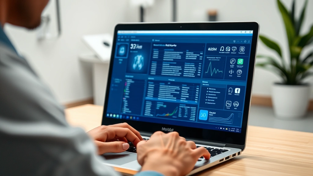 Patient using laptop to access digital health records, modern healthcare technology interface visible on screen, calm medical office setting with soft lighting