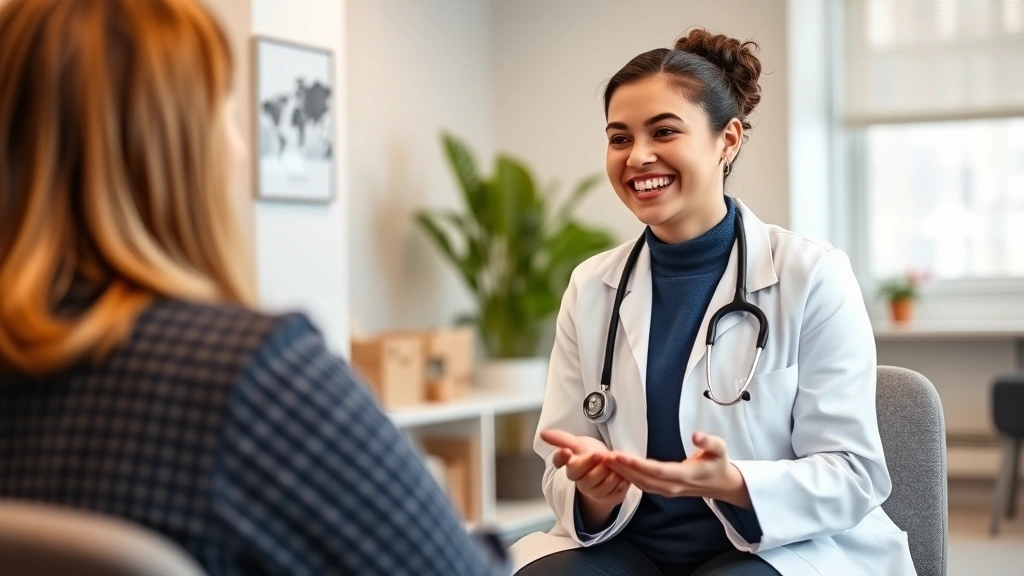 A friendly female family medicine doctor in white coat smiling warmly during a patient consultation in a modern clinic room, warm lighting, professional medical setting