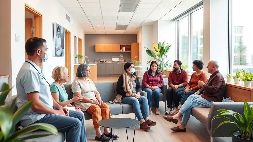 A diverse group of patients in a bright, welcoming primary care clinic waiting area with comfortable seating, plants, and contemporary healthcare facility design