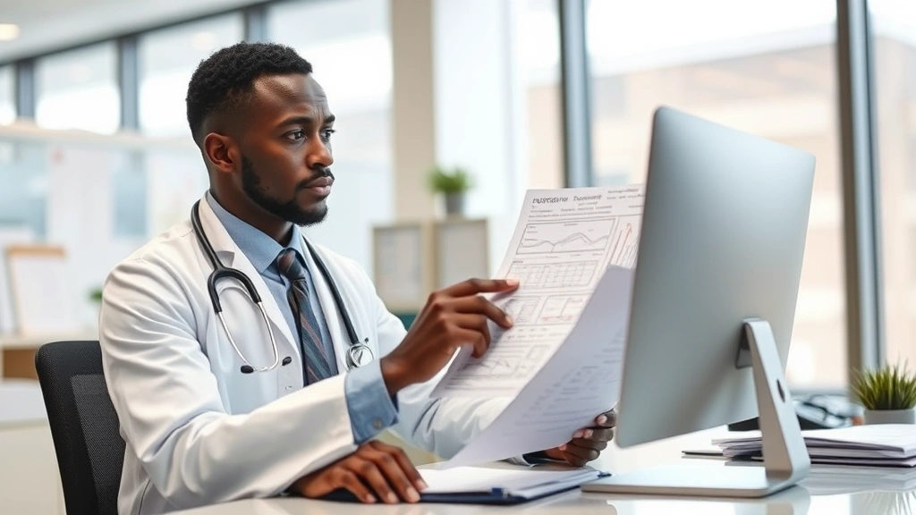 An African American male doctor reviewing medical charts and health records at a desk with computer, focused and professional, well-lit modern office environment