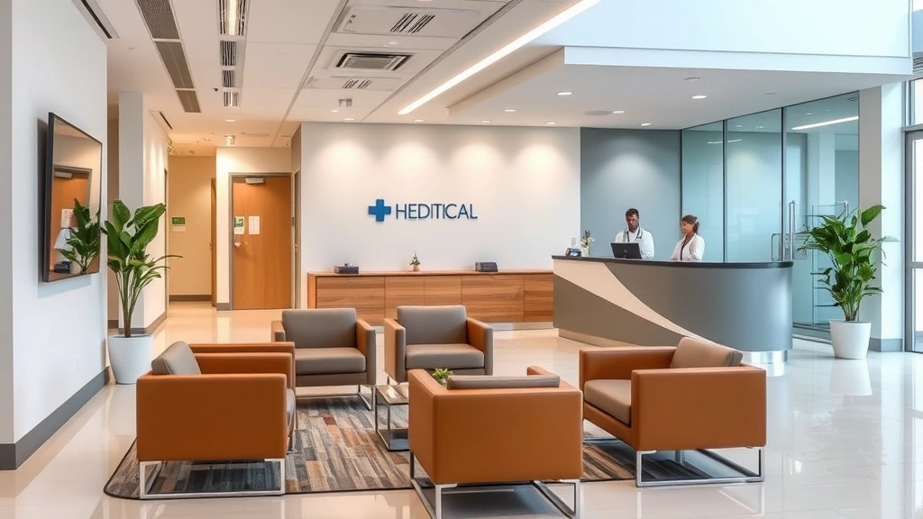 Modern medical facility reception area with clean lines, comfortable seating, and professional healthcare staff at desk, welcoming environment