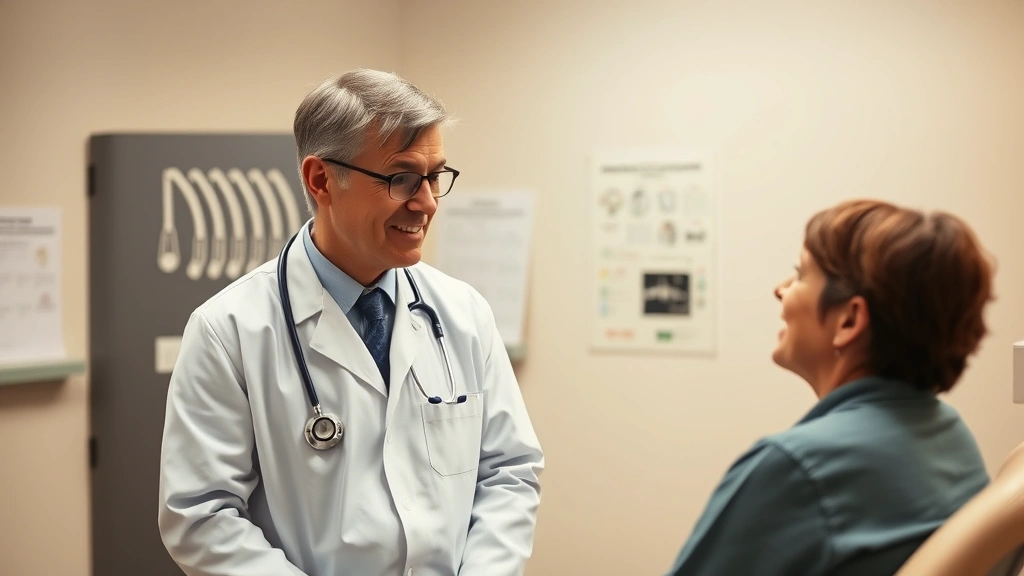 Doctor in white coat with stethoscope consulting with patient in exam room, warm lighting, medical charts visible in background