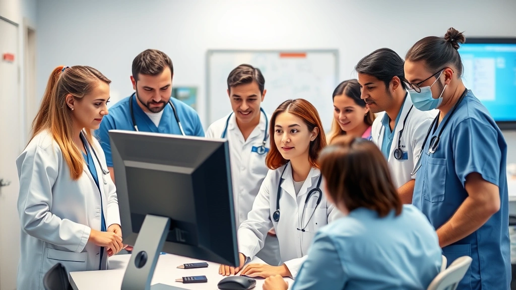 Healthcare team of diverse professionals including nurses and specialists collaborating around computer workstation in clinical setting