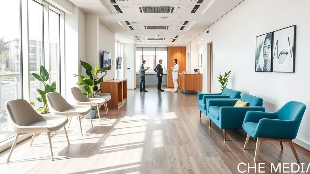 Modern medical clinic interior with comfortable waiting room, natural lighting, healthcare professionals in background, welcoming atmosphere