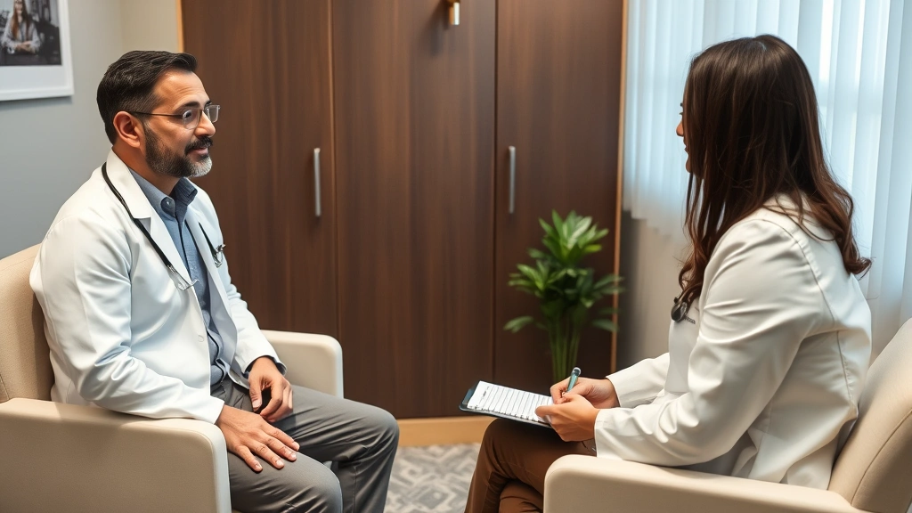 Doctor and patient in consultation room having discussion, patient sitting comfortably, healthcare provider taking notes, professional medical setting