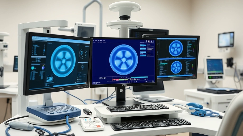 Healthcare technology setup showing computer screens and medical equipment, clean clinical environment, organized workspace for patient care management
