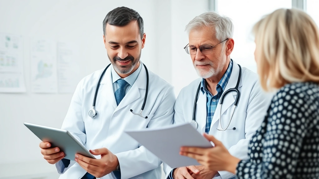 Healthcare provider in white coat reviewing medical charts and digital tablet with patient, showing compassionate care and professional medical consultation