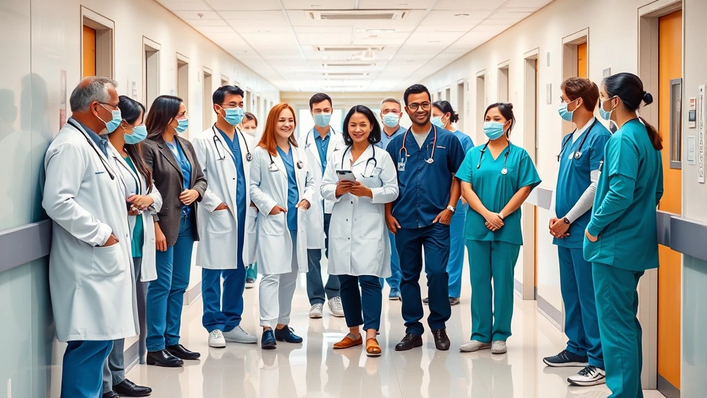 Diverse group of healthcare professionals including doctors, nurses, and staff members collaborating in bright medical facility hallway