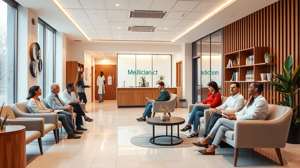 Modern medical clinic interior with comfortable waiting area, contemporary furniture, warm lighting, and welcoming atmosphere with diverse patients