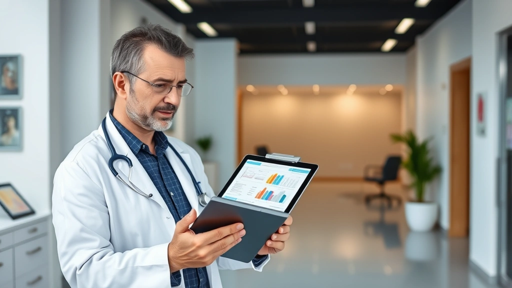 Healthcare professional reviewing medical charts on tablet computer, wearing white coat, in contemporary clinical office setting with minimalist design