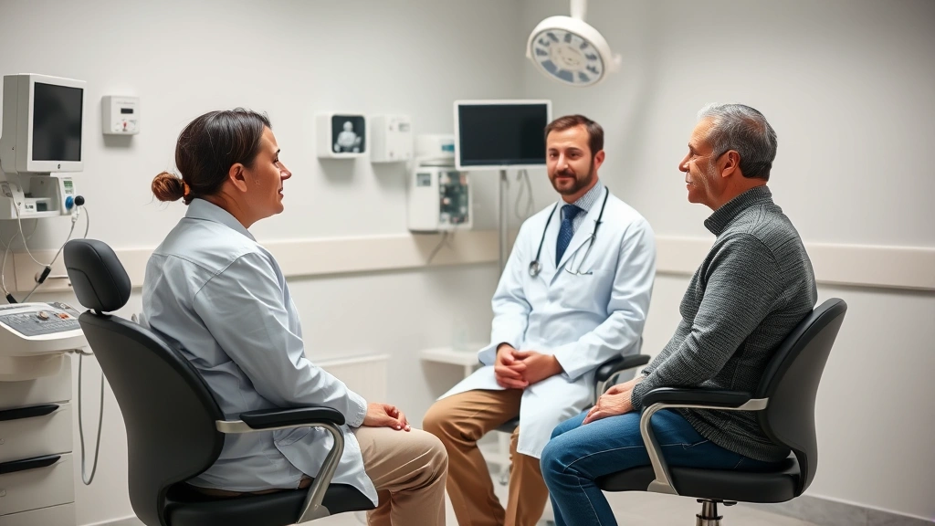 Patient consultation room during medical examination, doctor and patient in discussion, professional medical equipment visible, calm clinical environment