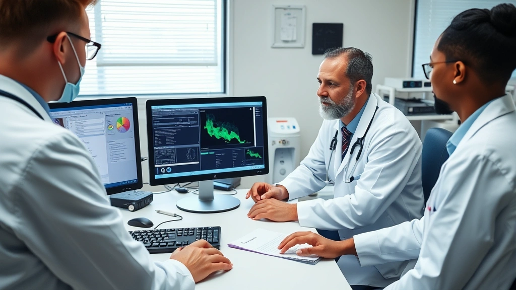 Medical professionals collaborating around computer workstations in a clinical setting, reviewing patient data and treatment plans together