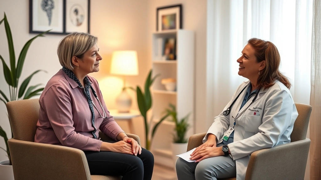 Patient in comfortable medical consultation room speaking with healthcare provider, warm lighting, professional yet approachable environment