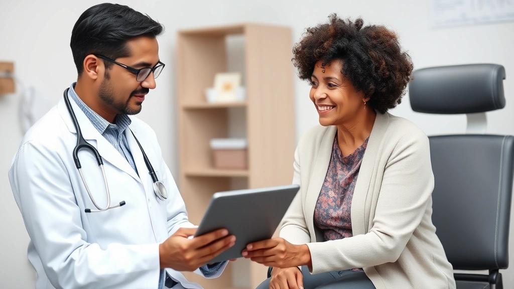 Healthcare provider in white coat consulting with diverse patient in examination room, showing tablet with medical information, professional and caring interaction