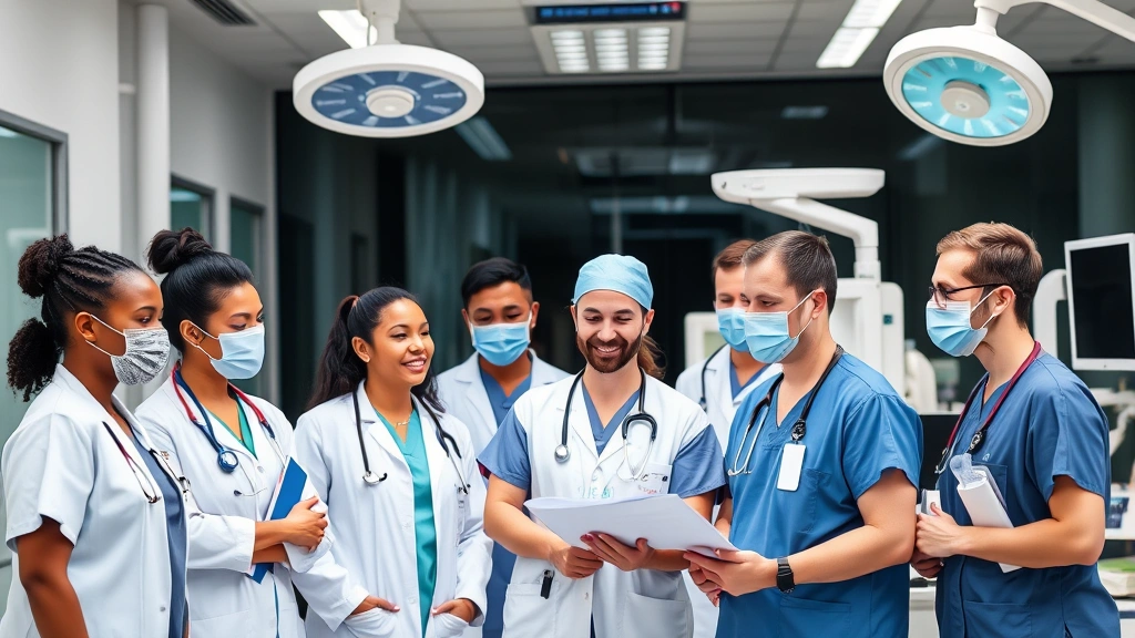 Diverse group of healthcare professionals in scrubs and professional attire collaborating in modern clinical setting with medical equipment and technology displays