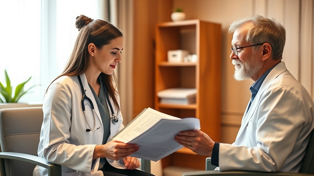 Healthcare professional reviewing patient medical chart in consultation room, doctor examining patient with stethoscope, warm clinical environment, professional medical setting