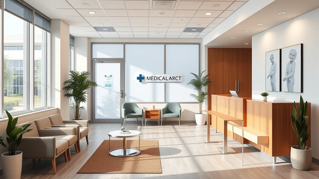 Modern medical office reception area with comfortable seating, natural lighting, and welcoming aesthetic, clean contemporary design with no visible signage or text