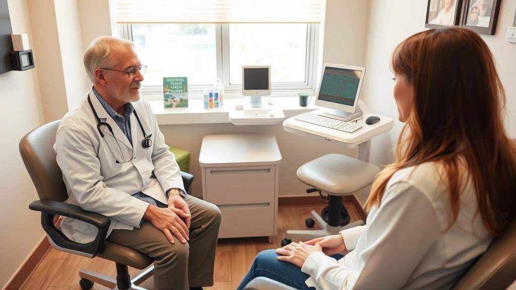 Primary care physician consulting with patient in bright examination room, both sitting at comfortable heights, warm professional interaction, modern medical equipment visible but not prominent