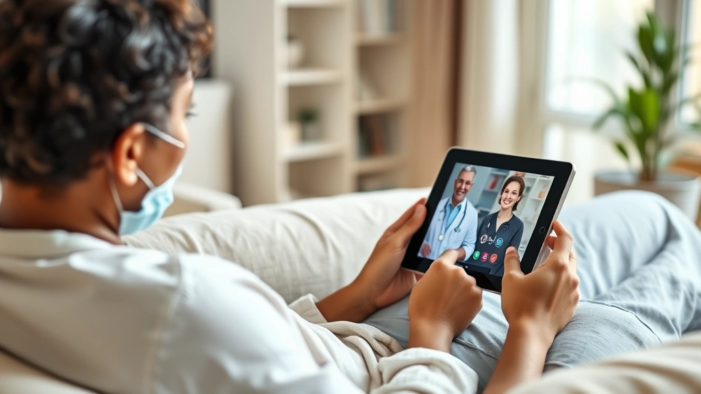Patient using tablet computer in comfortable home setting, relaxed posture, video call interface visible on screen showing healthcare provider, natural home environment with soft lighting