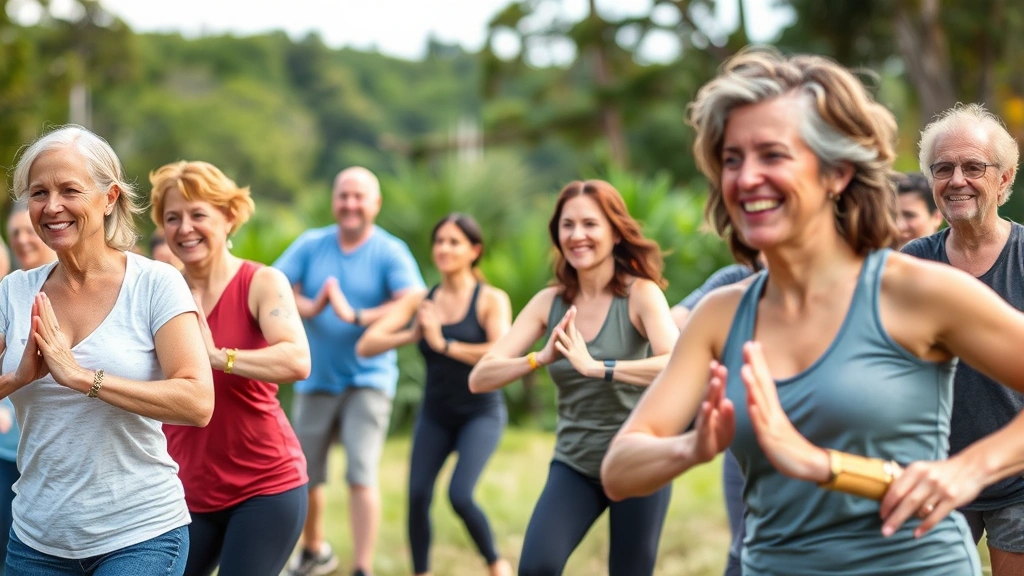 Diverse group of adults participating in outdoor fitness class or wellness activity in natural setting, smiling and engaged, promoting healthy lifestyle and community wellness