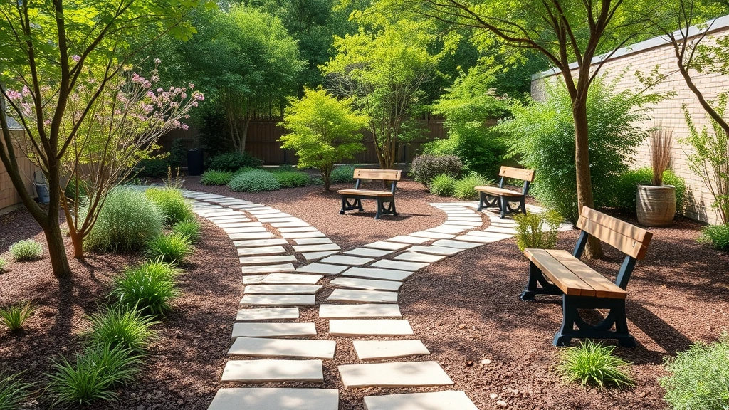 A peaceful outdoor garden or meditation space with walking paths, benches, and natural landscaping representing wellness and recovery environments