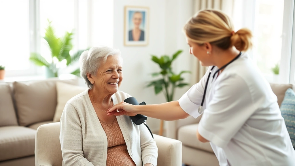 Senior woman receiving blood pressure check from nurse in bright home living room, patient smiling, modern comfortable setting, natural window lighting
