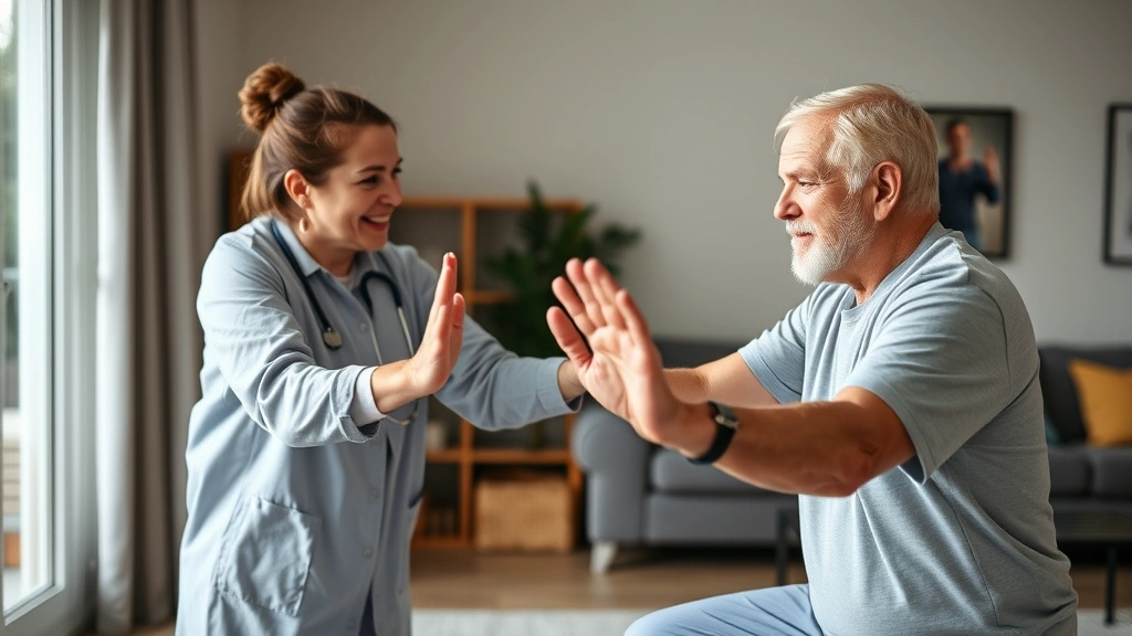 Caregiver assisting elderly man with physical therapy exercises in home environment, both focused and engaged, contemporary home interior with accessible design