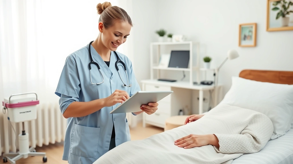 Healthcare professional documenting patient information on tablet while visiting patient at home, professional setting, clean bright bedroom with medical equipment