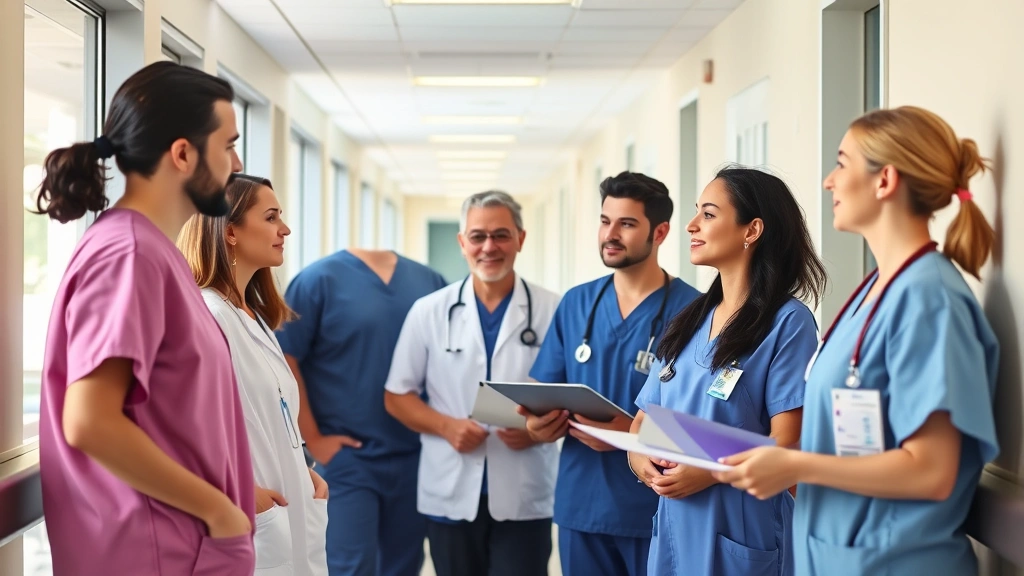 Healthcare professionals collaborating in a modern hospital corridor with natural lighting, diverse team members in scrubs discussing patient care