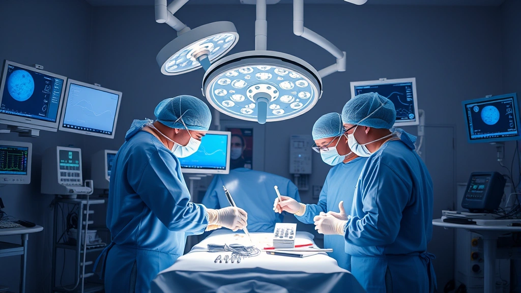 Medical team performing clinical procedure in bright operating room with advanced surgical equipment and monitors