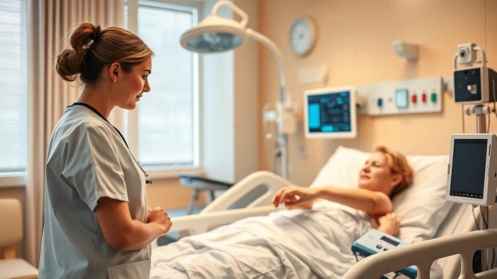 Nurse checking patient vital signs in a comfortable hospital room with contemporary medical equipment and warm lighting