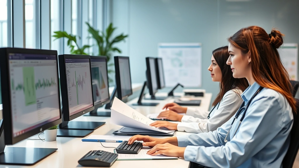 Healthcare administrative staff working at modern office desks with computers, reviewing documents and patient records