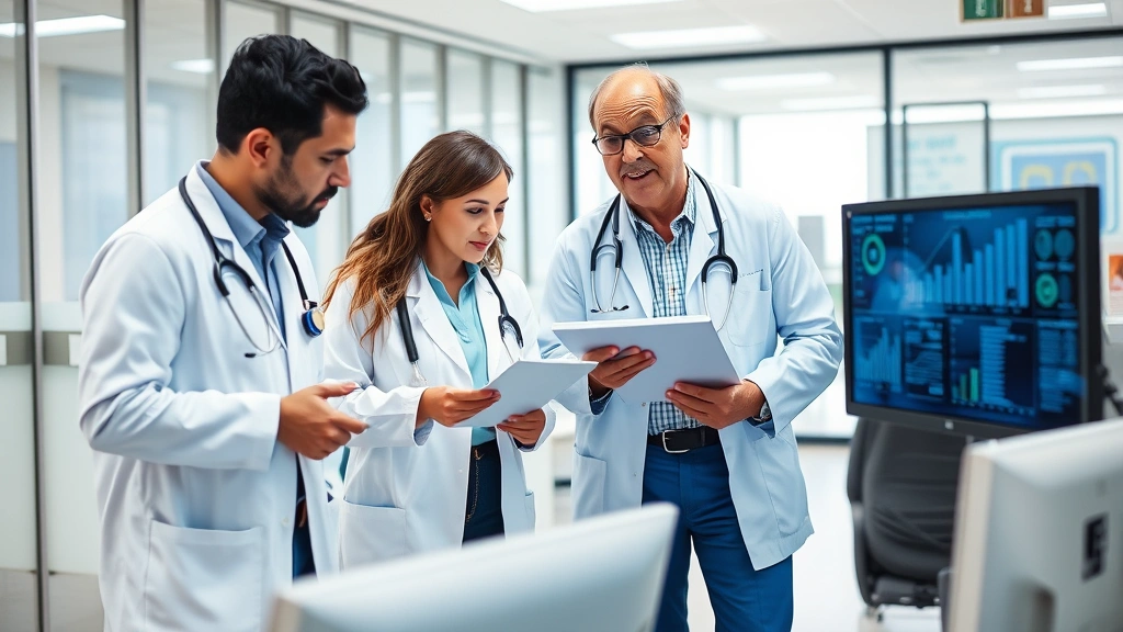 Diverse healthcare administrators in professional attire reviewing data on digital displays in a modern healthcare office environment