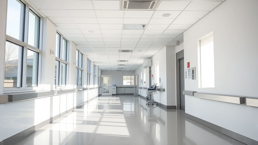 Modern hospital corridor with clean white walls, bright natural lighting through large windows, empty hallway with polished floors, medical equipment visible in background, professional healthcare environment