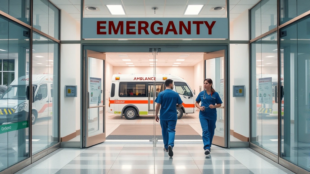 Emergency room entrance with glass doors, ambulance bay visible outside, professional medical staff in scrubs walking through entrance, modern hospital signage, contemporary architecture and design