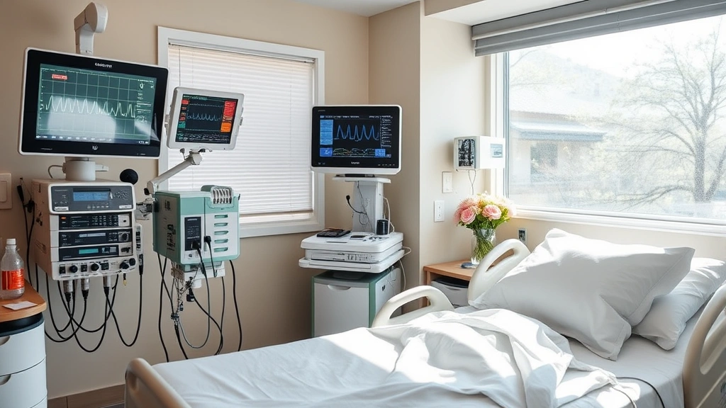 Patient recovery room with comfortable bed, monitoring equipment displaying vital signs, natural window light, peaceful healing environment, medical technology integrated into calming space, flowers and personal comfort items on bedside table