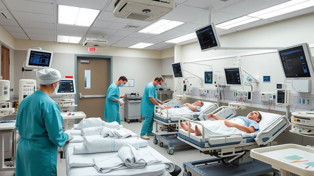 Emergency department triage area with medical staff attending to patients, monitors and equipment visible, professional urgent care setting